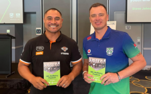2 NRL players holding the Wellbeing Playbook book